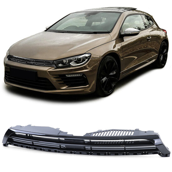 Glanzend zwarte gril passend voor VW Scirocco model 2009 - 2014 met R line bumper