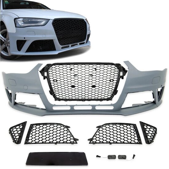 Sport look bumper met glanzend zwarte grille passend voor Audi A4 B8 (8K) model 2012 - 2015 met parkeersensoren